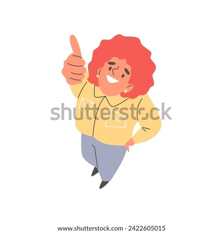 Overhead view of vector illustration depicting person with red hair giving thumbs up. Joyful character in yellow jacket symbolizing positivity and approval. Cartoon people top view.