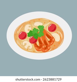 Overhead view of a vibrant and appetizing bowl of creamy soup featuring shrimp, mushrooms, and cherry tomatoes, garnished with fresh herbs.