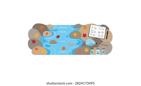 Overhead view of a winding stream surrounded by rocks and autumn leaves with an open notebook, jars, and a net placed on the bank.