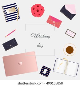 Overhead view of working space. Top view of desk with laptop, notebook, pen, card, paper, mouse, cup of coffee. Bright desktop background. Feminine working place concept. Lady's business presentation.