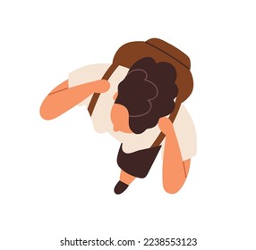 Mujer con mochila en la cabeza, al aire libre. Los turistas viajan por encima de la vista superior. Persona caminando por la calle, paseando. Estudiante mochilero en movimiento. Ilustración vectorial plana aislada en fondo blanco