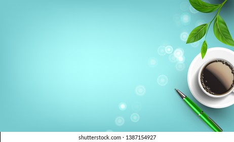 Overhead Writer Desk Composition Flat Lay Vector. Green Leaves Of Home Plant, Cup And Plate With Black Aroma Espresso Near Pen With Abstract Bubbles On Desk. Copy Space Top View Illustration