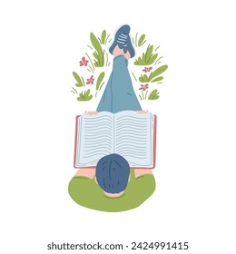 Overhead young man reading book with enjoy and great interest. Cartoon male booklover character leisure top view vector illustration. Education, self development concept with flowers and foliage