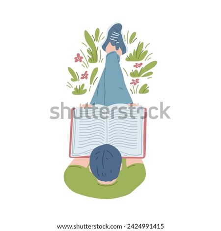 Overhead young man reading book with enjoy and great interest. Cartoon male booklover character leisure top view vector illustration. Education, self development concept with flowers and foliage