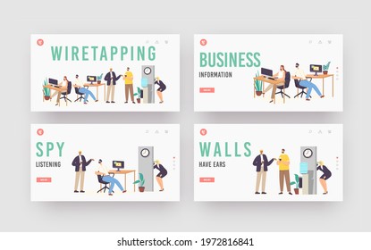 Overhearing Secret Information, Wiretapping Landing Page Template. Female Eavesdropper Character Listening through Wall using Cup. Office Woman Spying to Colleagues. Cartoon People Vector Illustration