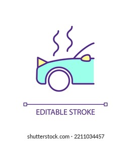 Overheated car RGB color icon. Car accident. Motor breakdown. Automotive problem. Troubleshooting. Isolated vector illustration. Simple filled line drawing. Editable stroke. Arial font used