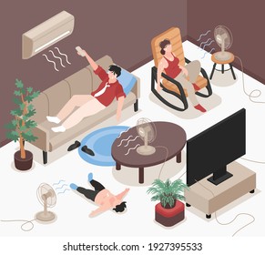 Overheated characters using air conditioner and electric fans at home isometric vector illustration
