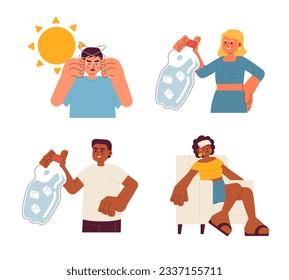 Overheated dehydration in summer flat concept vector spot illustration set. Heatstroke 2D cartoon characters on white for web UI design. Summertime heat wave isolated editable creative hero image pack