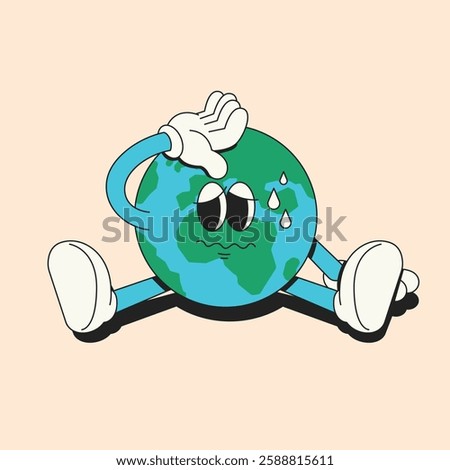 Overheated Earth. Sick Earth. Sweating. global warming. Retro 70s style character.