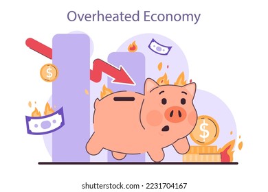 Overheated economy recession. Significant, widespread, and prolonged economic stagnation caused by overproduction. Economical activity decline. Flat vector illustration