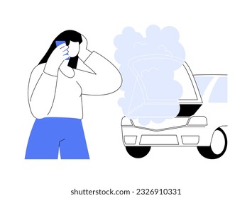 Overheated engine abstract concept vector illustration. Stressed woman panics because of the cars overheated engine, personal transport damage, road accident, vehicle breakdown abstract metaphor.