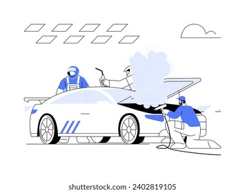 Overheated engine abstract concept vector illustration. Professional racer with car overheated engine, teamwork idea, motorsport industry, sport transport, sports car racing abstract metaphor.