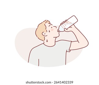Overheated Man Drinking Bottled Water in the Heat. Hand drawn style vector design illustrations.