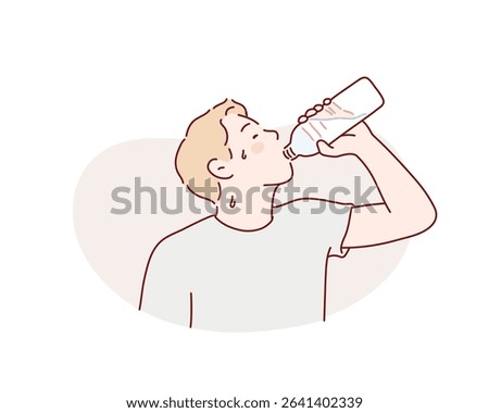 Overheated Man Drinking Bottled Water in the Heat. Hand drawn style vector design illustrations.