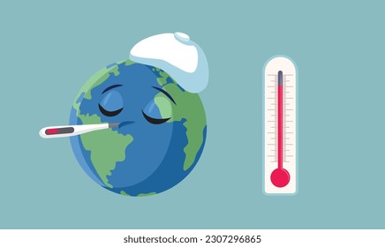 
Overheated Planet Suffering from Fever During Global Warming Vector Cartoon. Sick earth having problems with climate changing and overheating. 
