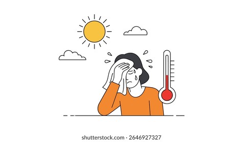 Overheating Person Sweating Profusely Under Blazing Sun While Thermometer Shows High Temperature