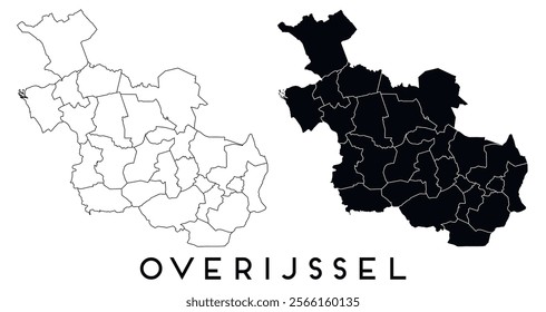 Overijssel Netherlands map of regions districts vector black on white and outline