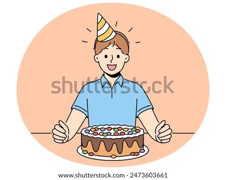 Overjoyed boy child sit at table with birthday hat on head and chocolate cake for special occasion. Smiling kid celebrate anniversary with sweet dessert. Vector illustration.