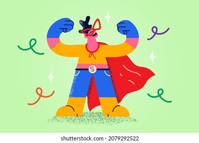 Overjoyed boy child in superhero costume feel powerful show muscles enjoy costume carnival. Smiling guy dressed like super hero celebrate win or victory. Success and power. Flat vector illustration. 