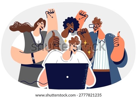 Overjoyed business people from different countries rejoice looking at laptop, celebrating victory in corporate competition. Joy men and women celebrating victory over competitors by showing thumbs up