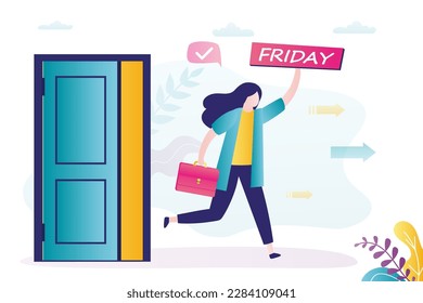 Overjoyed business woman run away from office. Female employee feel happy for friday. Businesswoman or worker excited with weekend days off at workplace. Start of the weekend. flat vector illustration
