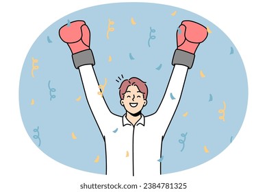 Overjoyed businessman in boxing gloves celebrate business success or win. Smiling male employee or worker triumph with victory. Vector illustration.