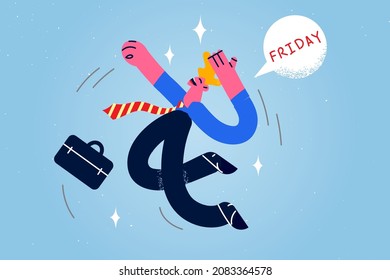 Overjoyed businessman jump feel happy for Friday coming in office. Smiling man employee or worker excited with weekend days off at workplace. Relaxation and fun concept. Flat vector illustration. 