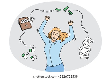 Una mujer de negocios encantada celebra el exitoso acuerdo de negocios. La sonriente empleada triunfa con ascenso o cierre de contratos. Celebración del éxito. Ilustración vectorial.