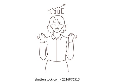 Overjoyed businesswoman make yes gesture triumph with business sales growth. Smiling female employee excited with work success. Graph or chart growing. Vector illustration. 