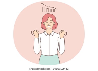 Overjoyed businesswoman make yes gesture triumph with business sales growth. Smiling female employee excited with work success. Graph or chart growing. Vector illustration.