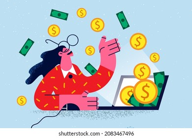 Overjoyed businesswoman work online on computer get financial dividend from successful investment. Happy woman worker or employee receive money from web remote job. Vector illustration. 