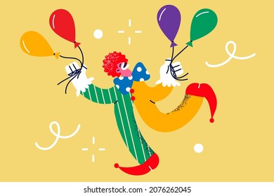 Overjoyed clown hold balloons have fun congratulate greet people on party. Smiling comic person amusement entertainment in circus. Comedian cartoon character. Flat vector illustration.