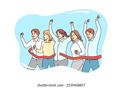 Overjoyed diverse businesspeople cross finish line and tear the ribbon. Excited employees or workers participate in group competition. Rivalry at workplace. Vector illustration. 