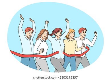 Overjoyed diverse businesspeople cross finish line and tear the ribbon. Excited employees or workers participate in group competition. Rivalry at workplace. Vector illustration.