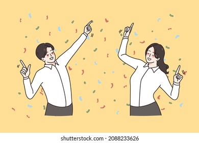 Overjoyed diverse colleagues dance together celebrate shared business win or victory at work. Smiling employees or workers have fun enjoy successful deal. Teamwork, success. Vector illustration. 