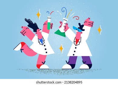 Overjoyed diverse doctors in medical uniform hold tubes celebrate vaccine discovery. Happy scientists or researchers open new technology. Vaccination and biotechnology. Vector illustration. 