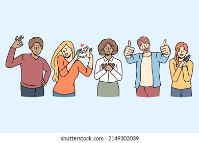 Overjoyed diverse multiethnic young people feel positive and joyful show diverse hand gestures. Smiling men and women use body language, ok, thumb up, heart sign. Vector illustration. 