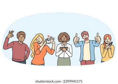 Los jóvenes multiétnicos, muy contentos, se sienten positivos y alegres y muestran diversos gestos de mano. Los hombres y mujeres sonrientes usan lenguaje corporal, ok, pulgar arriba, signo cardíaco. Ilustración vectorial.