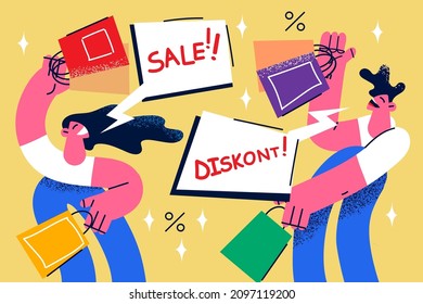 Overjoyed diverse people excited with seasonal winter sale or promotion in shopping center or mall. Happy buyers or clients purchase buy on discount or deals. Consumerism. Vector illustration. 