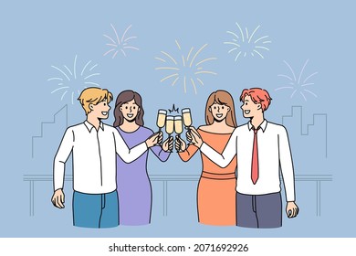 Overjoyed diverse young people hold glasses drink champagne cheers celebrate New Year together with fireworks. Happy friends enjoy party or celebration. Merry Christmas concept. Vector illustration. 