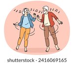 Overjoyed elderly couple have fun dancing together. Smiling mature man and woman enjoy happy maturity and retirement. Vector illustration.