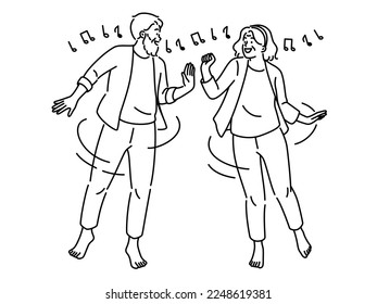 Overjoyed elderly couple have fun dancing together. Smiling mature man and woman enjoy happy maturity and retirement. Vector illustration. 