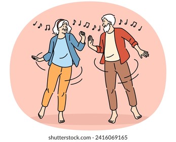 Overjoyed elderly couple have fun dancing together. Smiling mature man and woman enjoy happy maturity and retirement. Vector illustration.