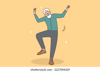 Overjoyed elderly man have fun dancing. Happy mature grandfather feel energetic and positive with dancer moves. Good maturity. Vector illustration. 