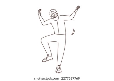 Overjoyed elderly man have fun dancing. Happy mature grandfather feel energetic and positive with dancer moves. Good maturity. Vector illustration. 