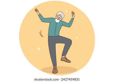 Overjoyed elderly man have fun dancing. Happy mature grandfather feel energetic and positive with dancer moves. Good maturity. Vector illustration.