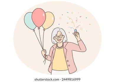Overjoyed elderly woman with balloons in hands celebrate birthday. Smiling aged grandmother enjoy anniversary feel positive and optimistic. Vector illustration.