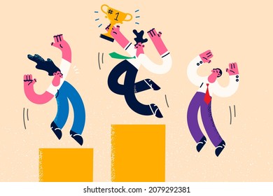 Overjoyed employees with golden price celebrate company win or victory. Happy worker triumph feel excited get career promotion. Winner of business competition. Leadership. Vector illustration. 