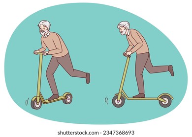 Overjoyed energetic elderly man have fun riding on scooter outdoors. Happy active mature grandfather feel joyful and positive enjoy outdoors activity. Vector illustration.