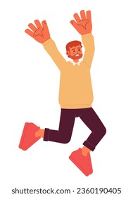 Overjoyed european man on cloud nine semi flat color vector character. Man jumping and raising arms up. Editable full body person on white. Simple cartoon spot illustration for web graphic design